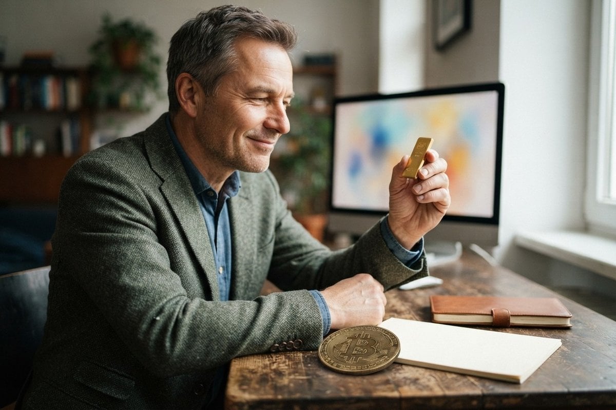 Un homme souriant élève un petit lingot d'or à la lumière, une pièce de bitcoin posée à plat sur son bureau