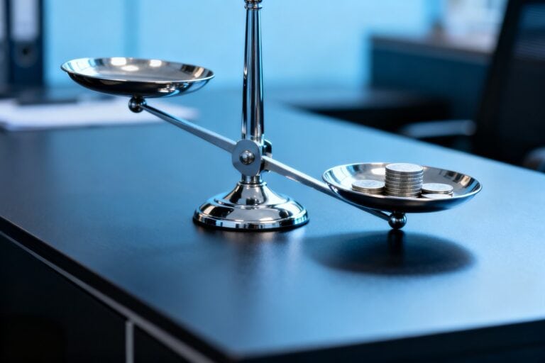 Balance chromée déséquilibrée sur un bureau sombre, un plateau vide, l'autre chargé de pièces