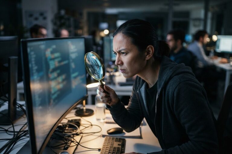 Une chercheuse en sécurité examine à la loupe du code affiché sur un grand écran, dans un bureau sombre