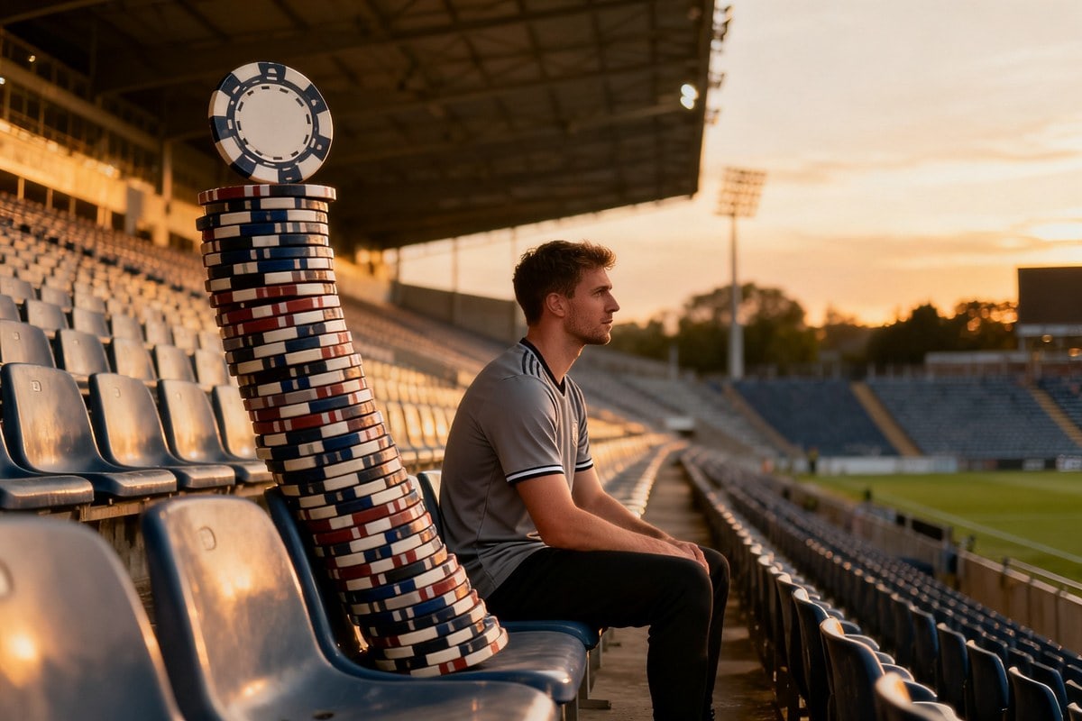 Un supporter assis seul dans un stade vide au crépuscule, à côté d'une pile géante de jetons de casino