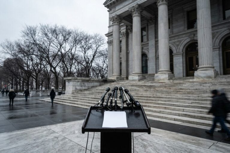 Pupitre équipé de micros installé au pied des marches d'un palais de justice new-yorkais en hiver