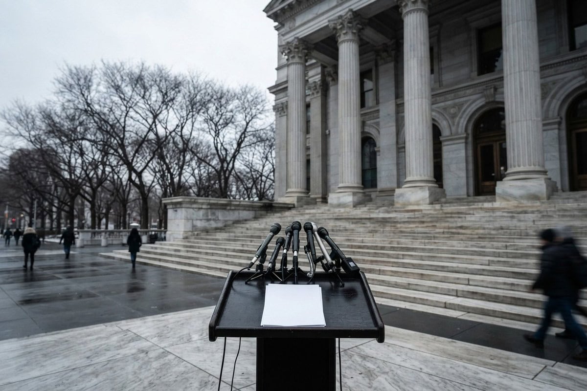 Pupitre équipé de micros installé au pied des marches d'un palais de justice new-yorkais en hiver