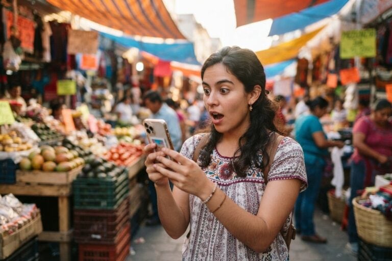 Jeune femme surprise regardant son téléphone dans un marché de rue coloré d'Amérique latine