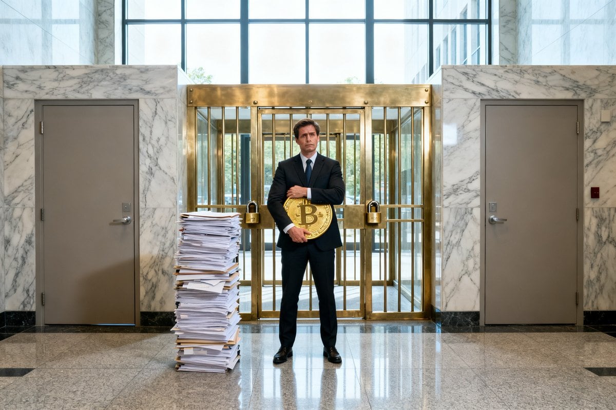 Un homme en costume tient une grande pièce de bitcoin devant une grille de laiton cadenassée, dans un hall de marbre.