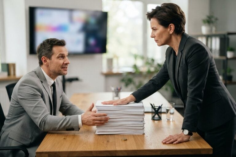 Une femme en tailleur pose la main sur une pile de documents qu'un homme en costume tente de récupérer