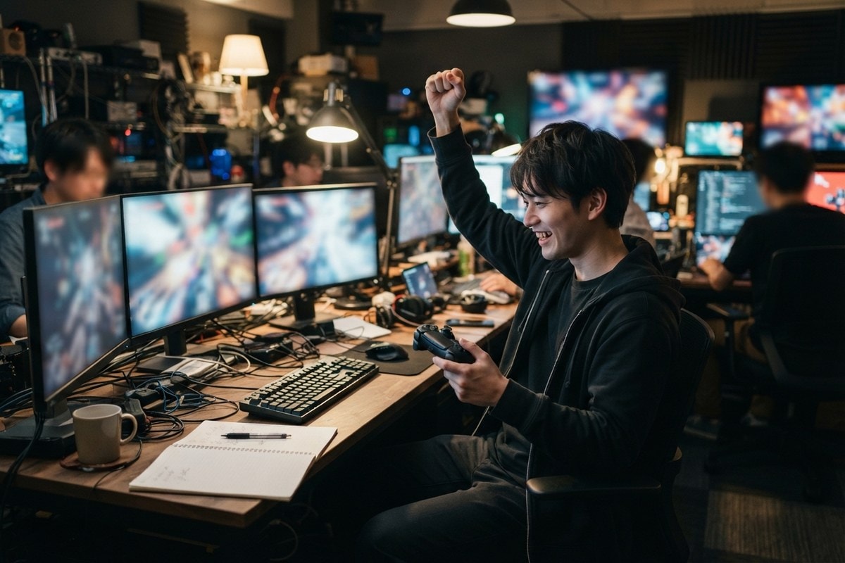 Développeur souriant, manette en main et poing levé, devant plusieurs écrans dans un studio de jeu vidéo