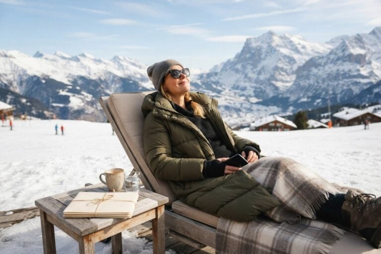 Femme allongée sur un transat face aux Alpes enneigées, smartphone posé et enveloppes fermées à côté d'elle