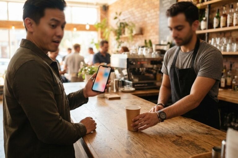 Un client surpris tend son téléphone au comptoir d'un café pendant que le barista pousse un gobelet