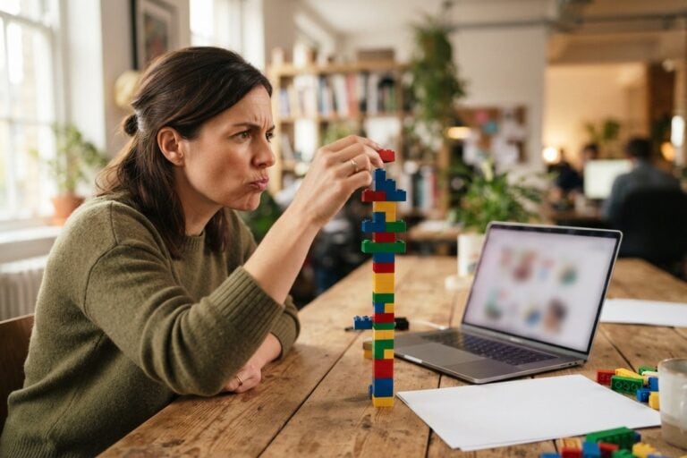 Une femme concentrée pose une brique rouge au sommet d'une tour de briques colorées, un ordinateur portable à côté d'elle