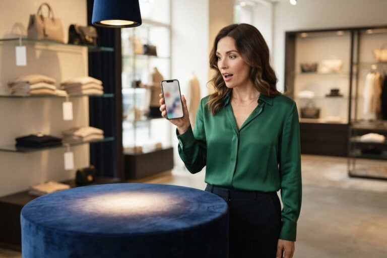 Une cliente surprise brandit son smartphone devant un podium de présentation vide dans une boutique de luxe