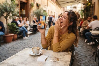 Une femme attablée en terrasse rit en montrant son smartphone, une tasse de café et des pièces en euros devant elle