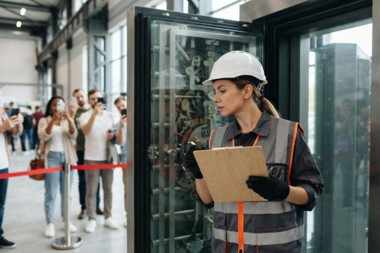 Une ingénieure casquée examine un coffre-fort vitré dont le mécanisme est visible, sous l'œil de curieux