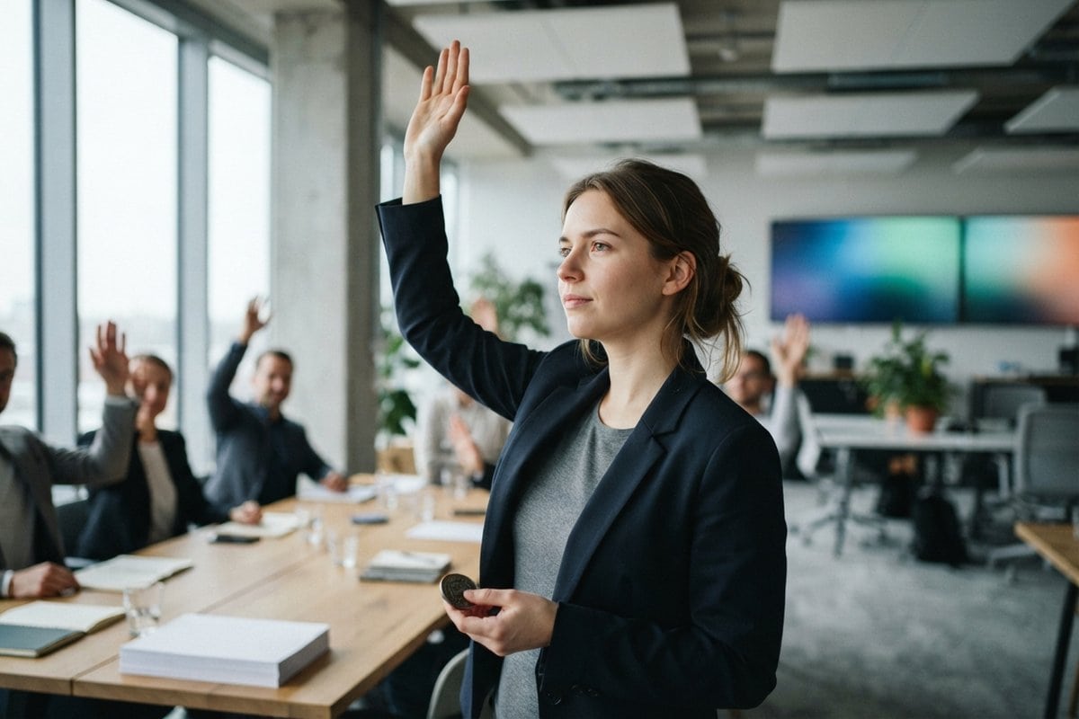 Une femme lève la main pour voter dans un bureau lumineux, une petite pièce métallique dans l'autre main