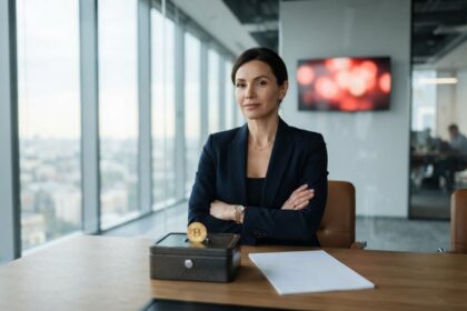Femme en costume sombre, bras croisés à son bureau, une pièce bitcoin posée sur un petit coffre métallique