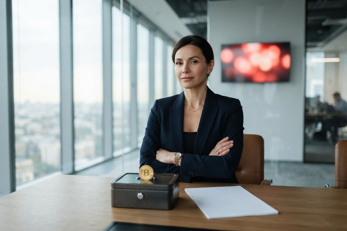 Femme en costume sombre, bras croisés à son bureau, une pièce bitcoin posée sur un petit coffre métallique