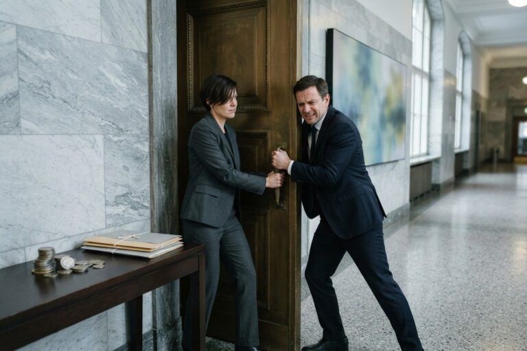Une femme en costume gris tire une lourde porte pour la fermer pendant qu'un homme en costume sombre la retient.