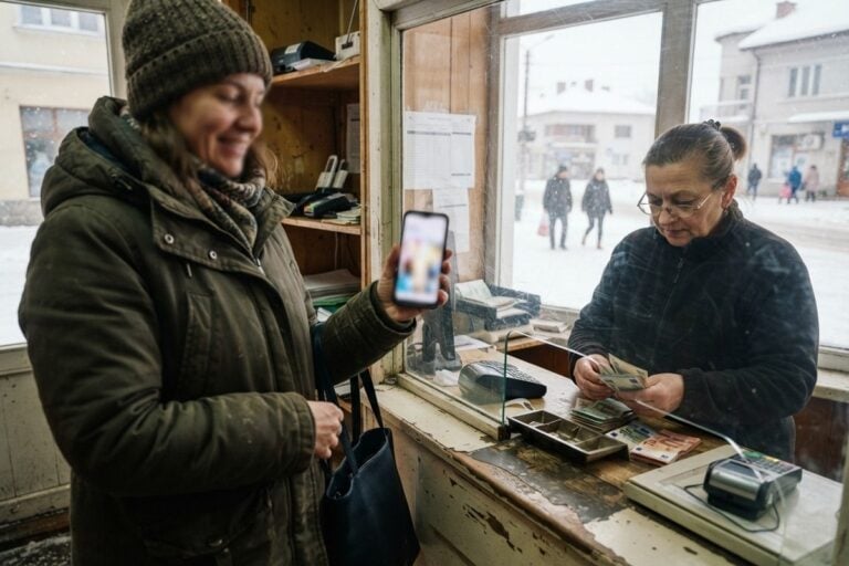 Une femme en manteau d'hiver montre son téléphone à une guichetière qui compte des billets, sous la neige