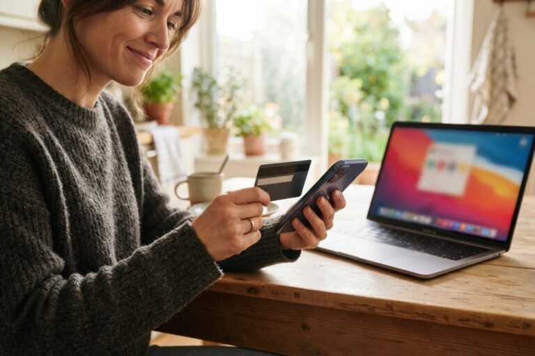 Une femme attablée tient une carte bancaire et un téléphone, un ordinateur portable ouvert à côté d'elle