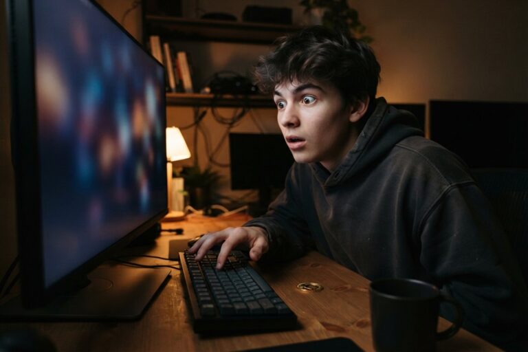 Un jeune homme en sweat à capuche, penché vers un écran d'ordinateur dans une pièce sombre, l'air stupéfait