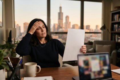 Une femme consternée tient une feuille blanche à son bureau, les tours de Chicago derrière la fenêtre