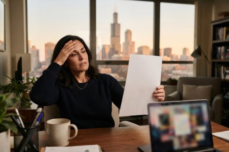 Une femme consternée tient une feuille blanche à son bureau, les tours de Chicago derrière la fenêtre