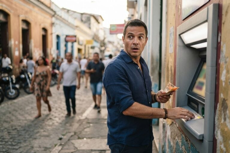 Un homme surpris devant un distributeur de billets dans une rue brésilienne, des billets à la main