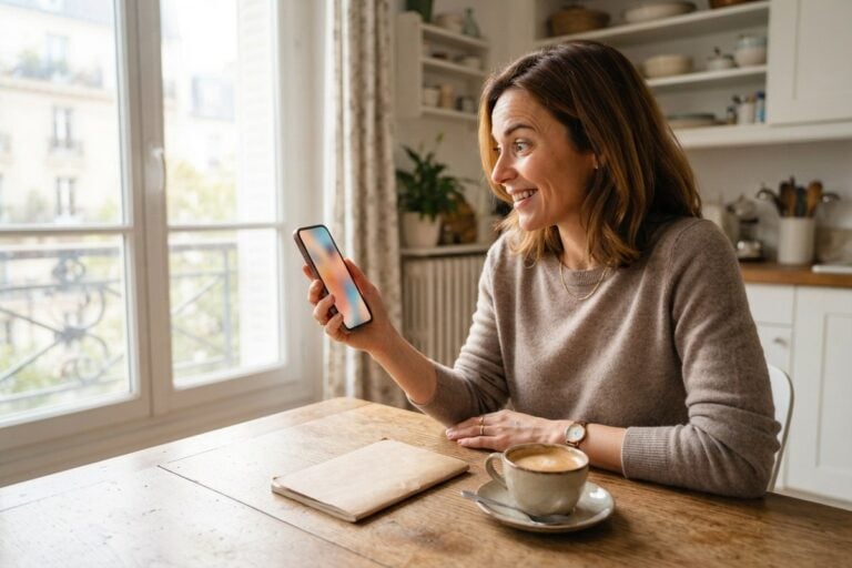 Une femme souriante à une table de cuisine, smartphone en main, un carnet fermé et une tasse de café devant elle