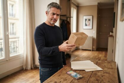Un homme sceptique examine un colis en carton sans étiquette dans le séjour d'un appartement ancien