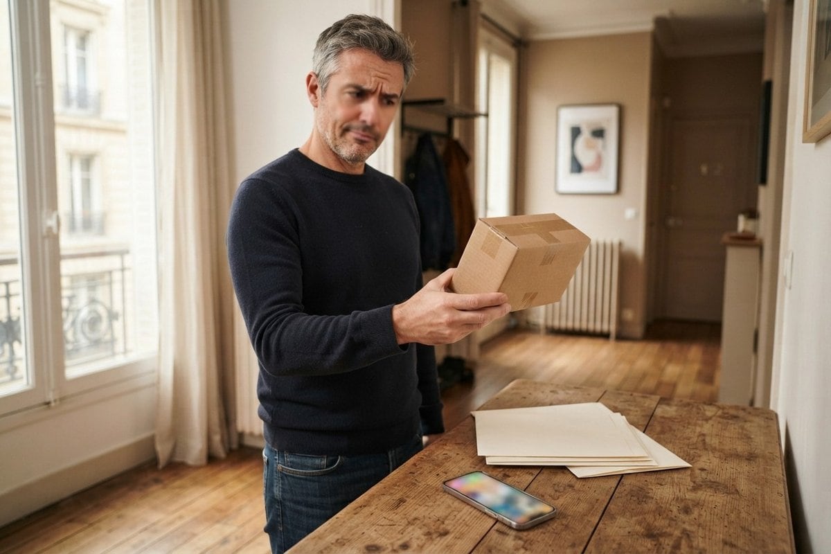 Un homme sceptique examine un colis en carton sans étiquette dans le séjour d'un appartement ancien