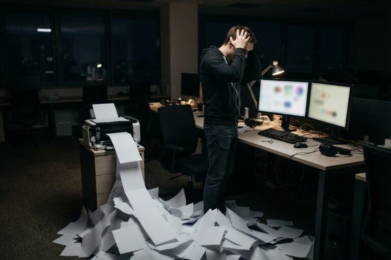 Un développeur se tient la tête dans un bureau sombre, submergé par le papier sorti d'une imprimante