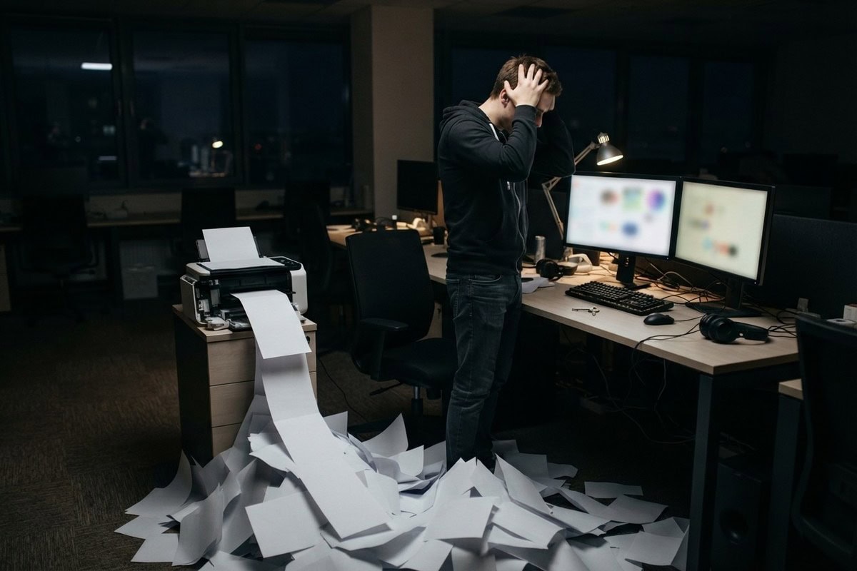 Un développeur se tient la tête dans un bureau sombre, submergé par le papier sorti d'une imprimante