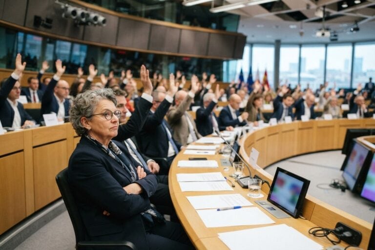 Dans une salle de commission, une femme aux bras croisés reste assise pendant que tous ses voisins lèvent la main.