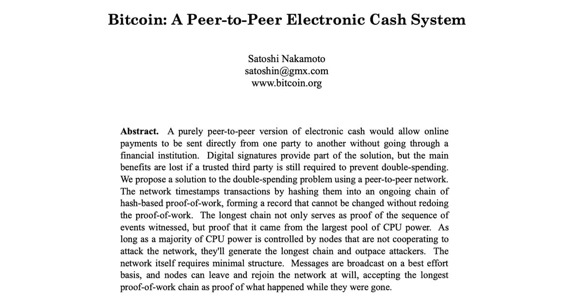 Première page du livre blanc Bitcoin, avec son titre, le nom de Satoshi Nakamoto et le résumé du document