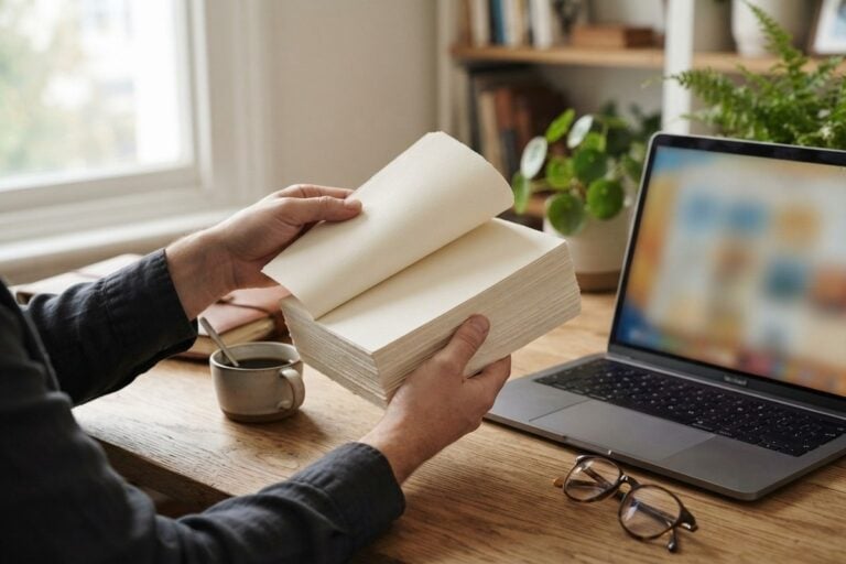 Deux mains feuillettent une épaisse liasse de pages blanches sur un bureau en bois, près d'un ordinateur portable