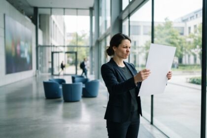 Femme en tailleur sombre grimaçant devant une feuille blanche vierge dans le hall vitré d'un bâtiment institutionnel