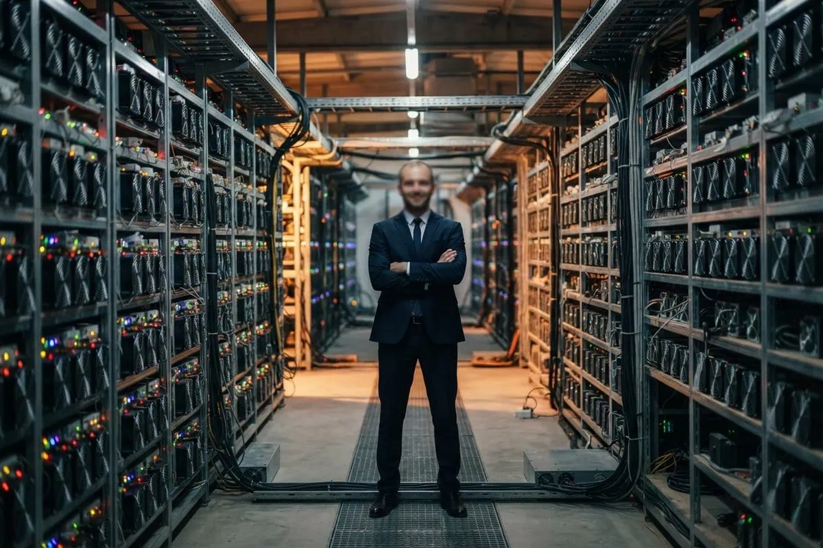Un homme en costume, bras croisés, au centre d'une allée bordée de machines de minage aux voyants colorés.