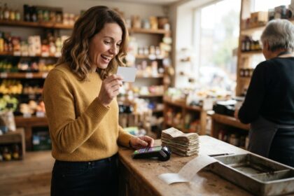 Une cliente souriante brandit une carte de paiement devant un terminal, une liasse de billets posée sur le comptoir