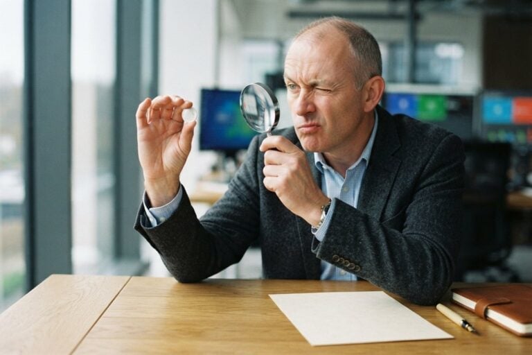 Un homme en veste examine une petite pièce à la loupe, un œil plissé, devant une feuille blanche posée sur un bureau