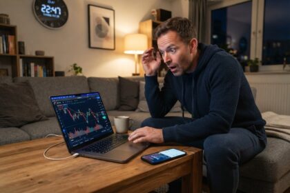 Un homme surpris devant un ordinateur portable affichant un graphique boursier, tard le soir dans un salon