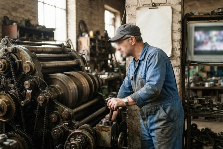 Un mécanicien en bleu de travail, la main sur un levier, observe tourner les rouleaux d'une vieille machine.