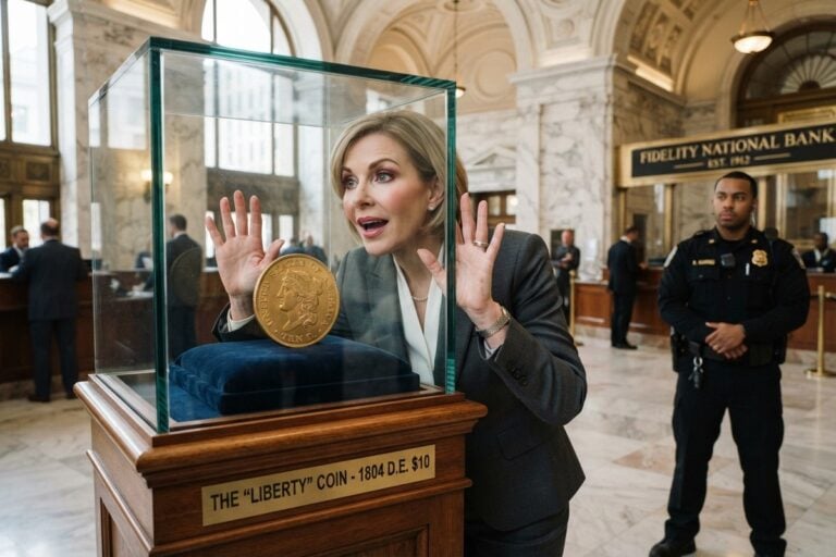 Une femme en tailleur, mains plaquées sur une vitrine de banque abritant une pièce d'or, un agent de sécurité en retrait