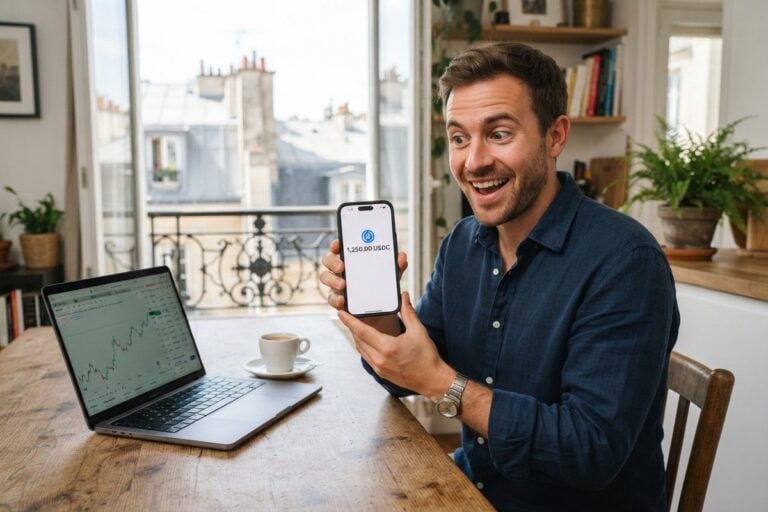 Homme souriant dans un appartement parisien montrant un smartphone qui affiche un solde en USDC, ordinateur portable ouvert