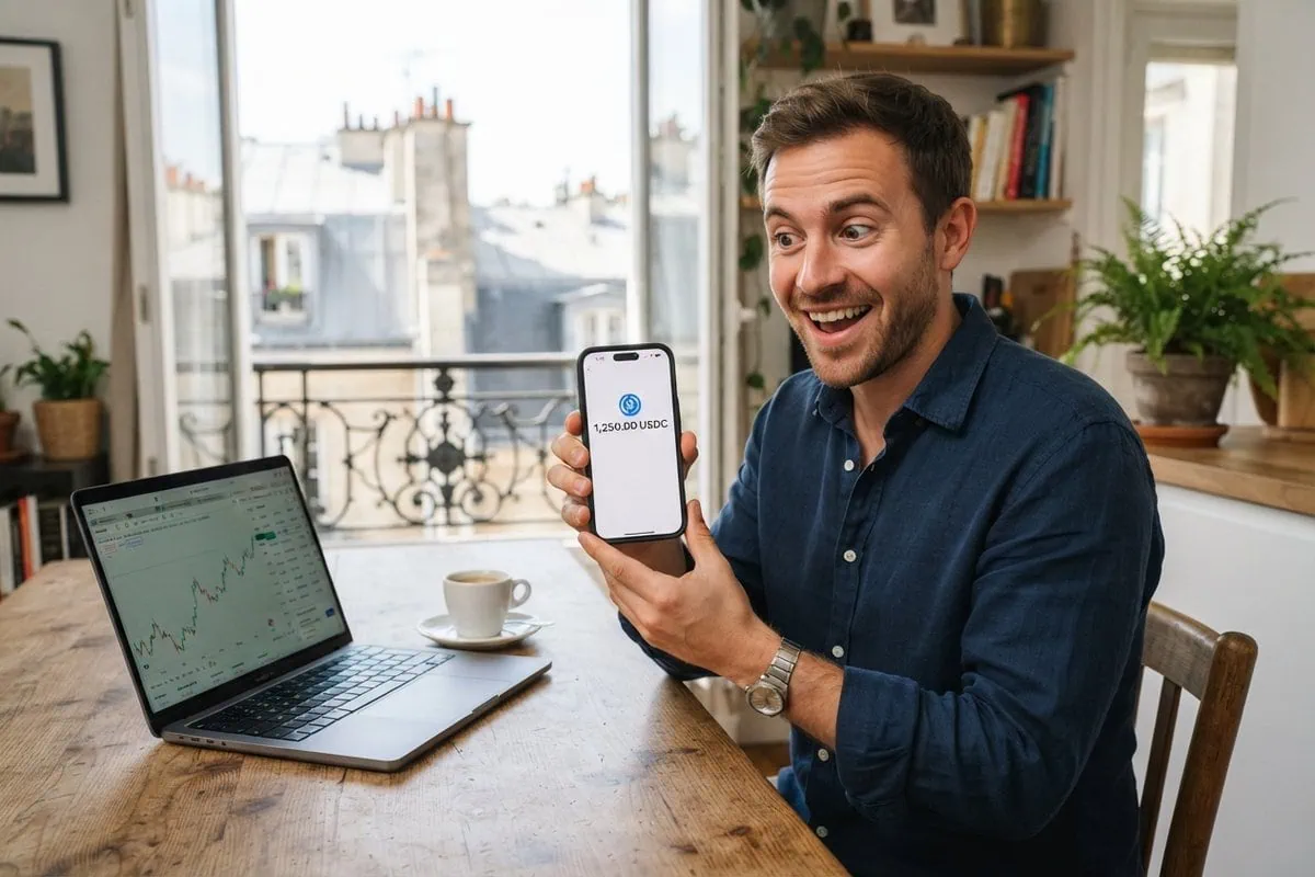 Homme souriant dans un appartement parisien montrant un smartphone qui affiche un solde en USDC, ordinateur portable ouvert