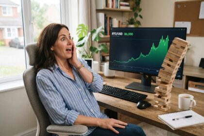 Femme stupéfaite devant un écran affichant BTC/USD à 86 000 et une courbe verte, à côté d'une tour de Jenga penchée