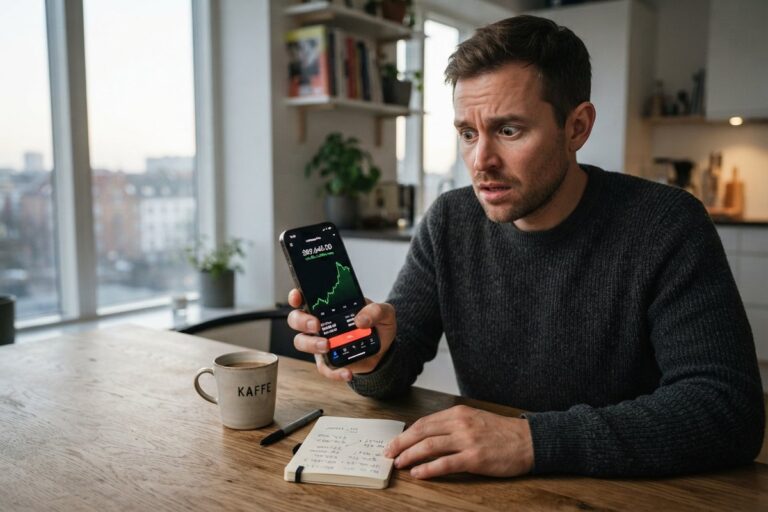 Homme perplexe dans sa cuisine fixant un smartphone qui affiche une courbe de cours verte, café et carnet sur la table