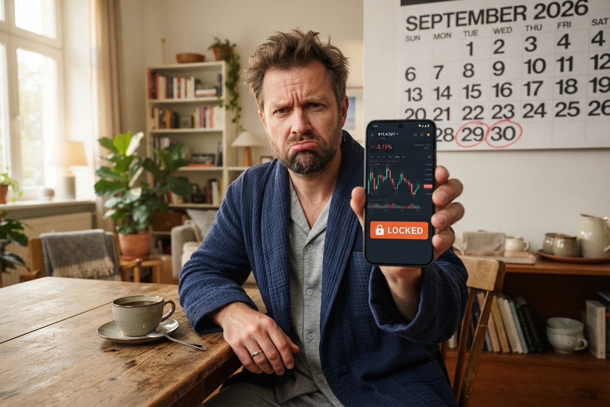 Homme en peignoir, l'air contrarié, brandissant un smartphone verrouillé devant un calendrier de septembre 2026