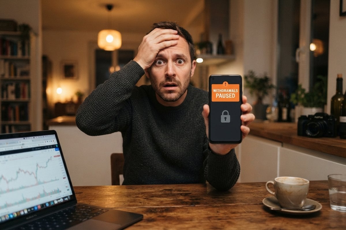 Homme stupéfait dans sa cuisine, main sur le front, montrant un smartphone affichant « Withdrawals paused »