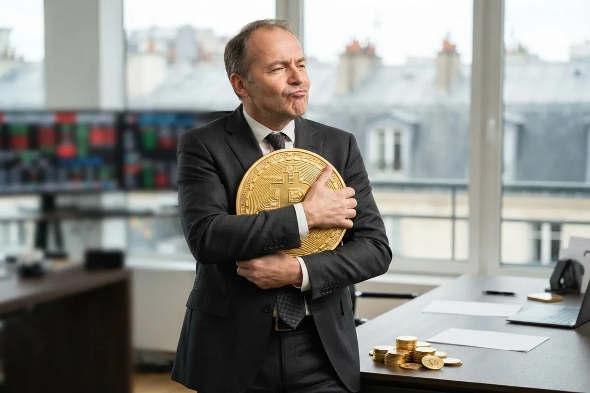 Un homme en costume sombre serre contre lui une pièce de bitcoin géante dans un bureau parisien