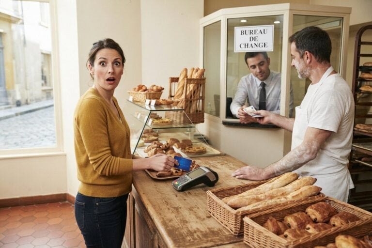 Une cliente paie par carte dans une boulangerie pendant qu'un changeur en cabine tend des billets en euros au boulanger