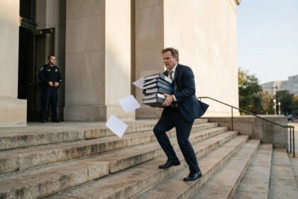 Un homme en costume gravit les marches d'un bâtiment officiel avec une pile de classeurs, des feuilles s'envolent